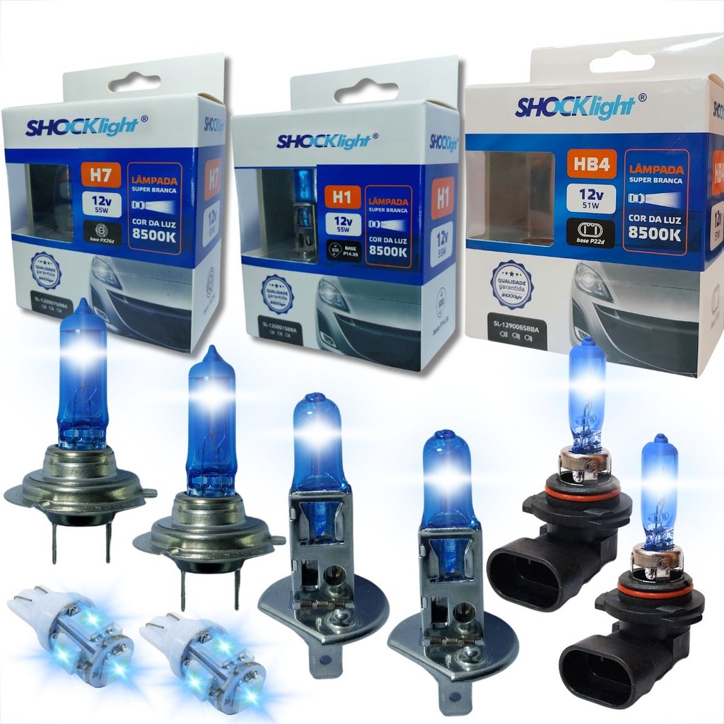 KIT LÂMPADA SUPER BRANCA FAROL ALTO FAROL BAIXO MILHA E LANTERNA H1 H7 HB4 T10 DUPLO FOCO