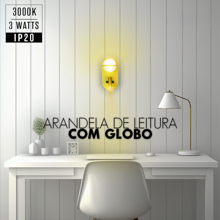 Arandela Luminária de Leitura De Parede Com Globo 6W 3K Preta/Dourada Bivolt