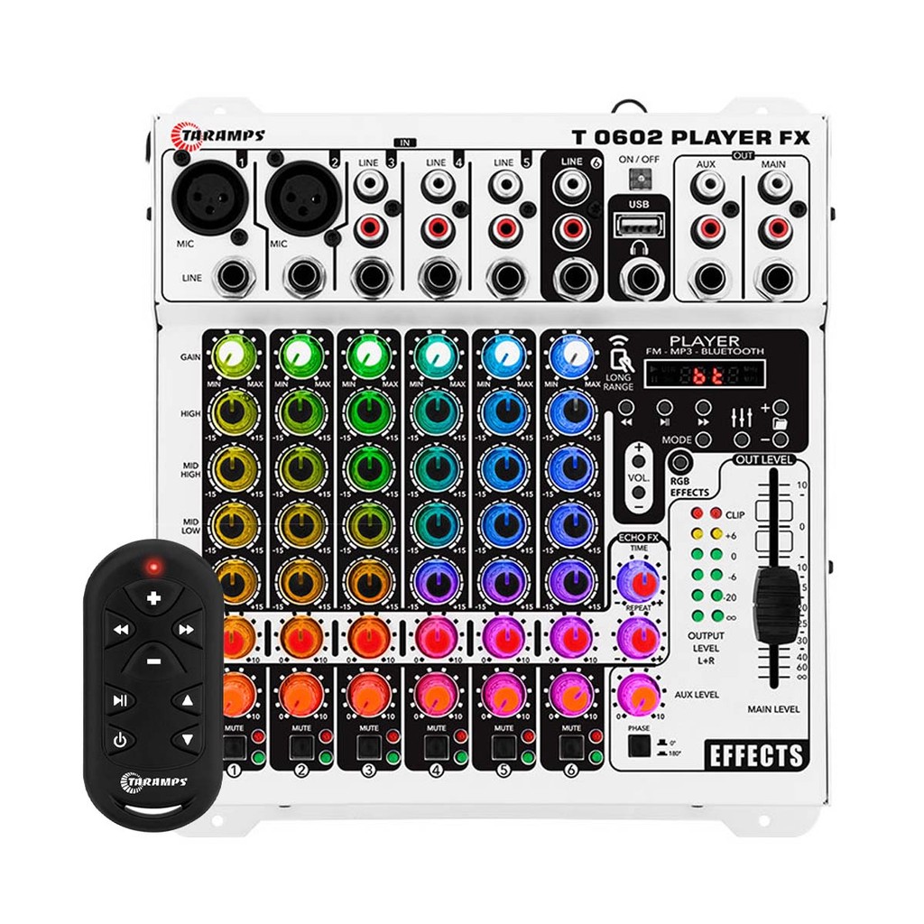 Mesa Som Automotivo Taramps T-0602 Player FX Multicolor Stereo 6 Canais Bluetooth 12v Aux Rca Mic EQ 4 Bandas Led RGB em Oferta na Shopee