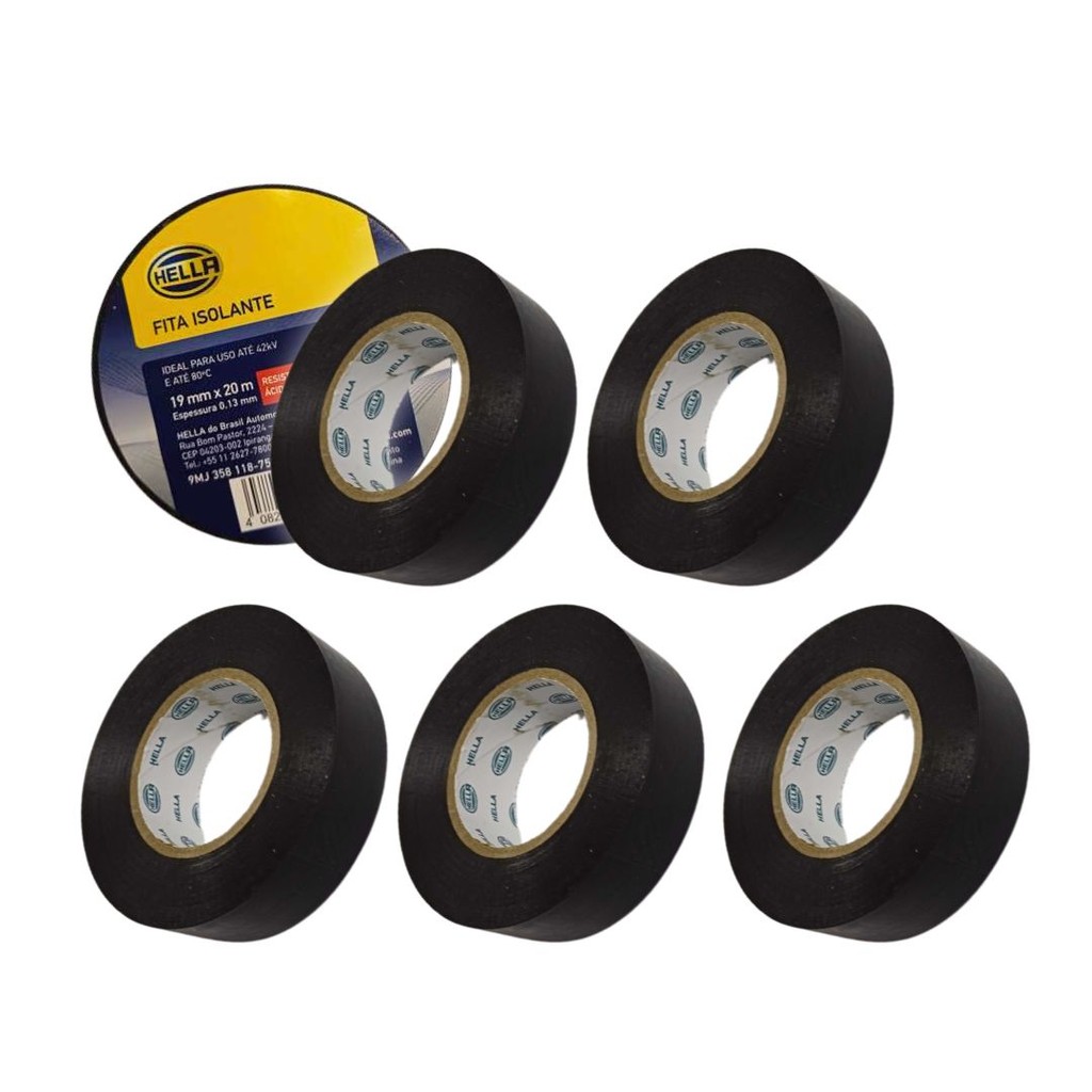 Kit 5 Fita Isolante 20 Metros 19mm Resistente Fogo Graxa Umidade Fita Isolante 20m 19mm Hella em Oferta na Shopee