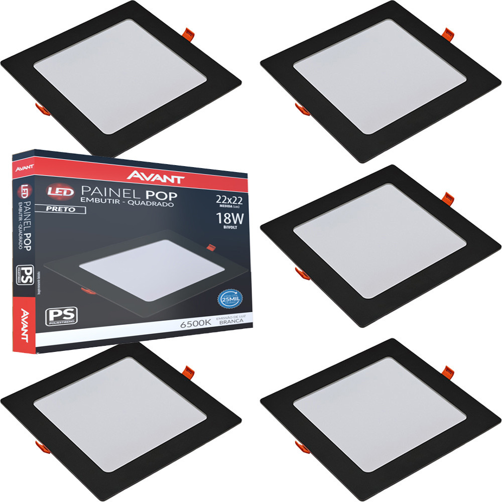 Kit 5 Painel Plafon Quadrado Embutir 18w Luminária Gesso 6500k Bivolt 127v 220v Avant
