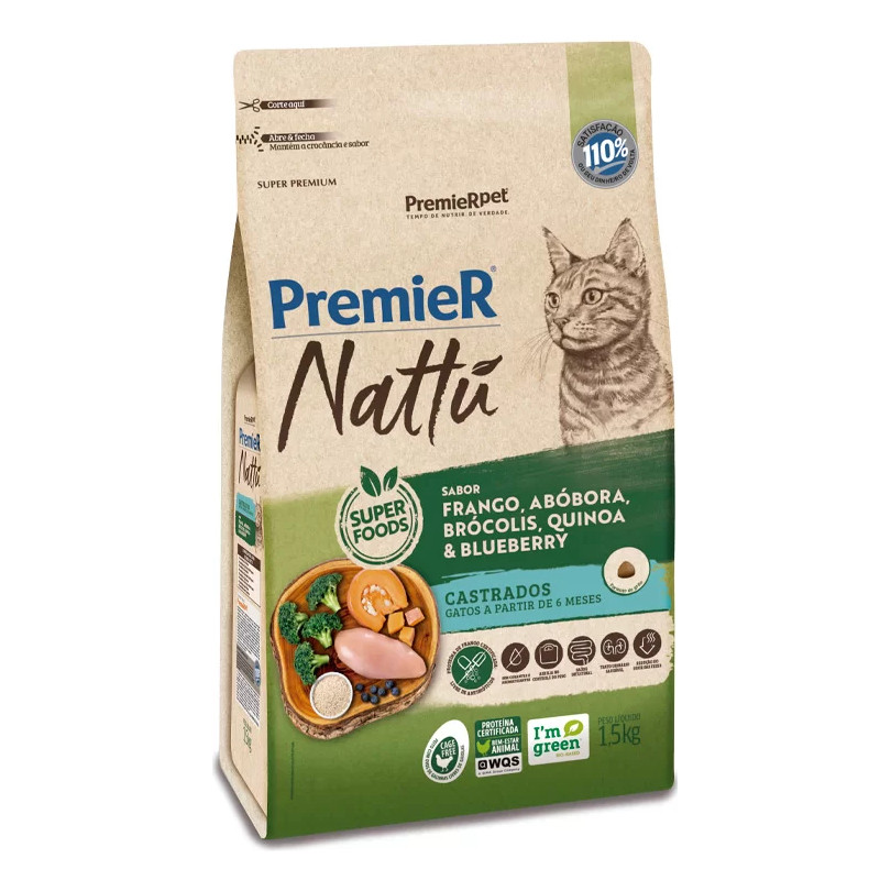 Ração Premier Nattu Gatos Adultos Castrados  Abóbora 1,5kg