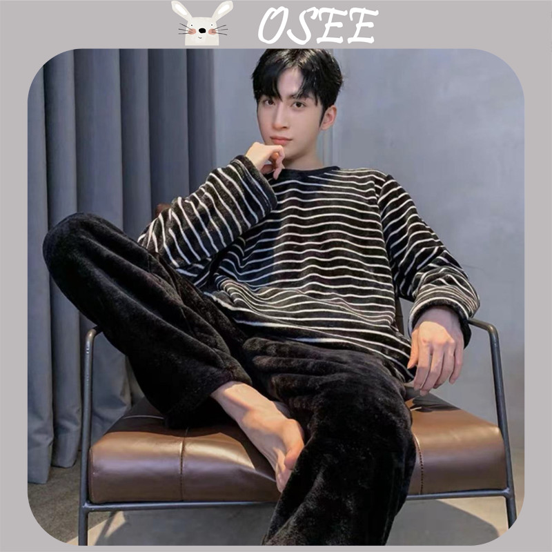 [Osee] Pijamas de Flanela de Outono e Inverno para Meninos Estilo Coreano Finos Forrados de Fleece Manga Longa Conjunto