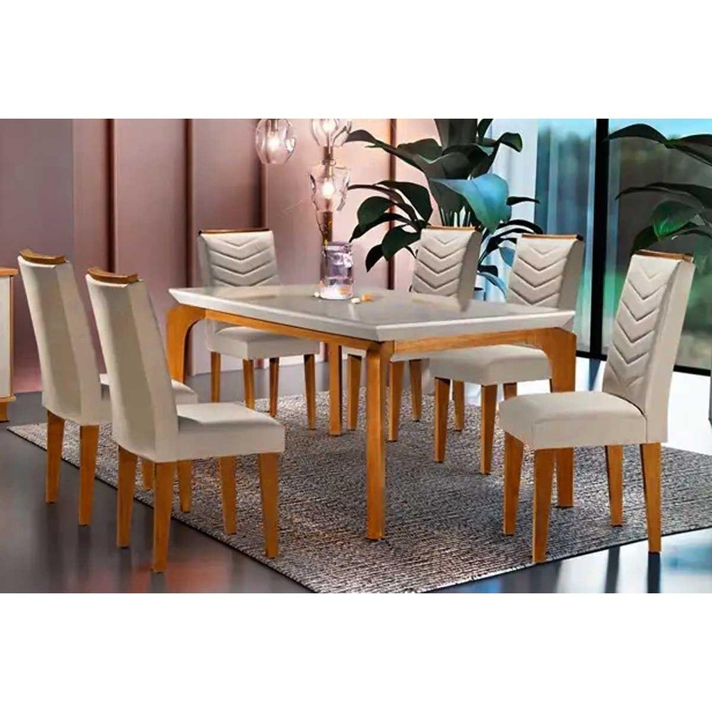 Sala de Jantar Completa Londrina Tampo Madeirado c/ Vidro Reto 180x90 e 6 Cadeiras Londrina Imbuia/Suede Creme - Rufato