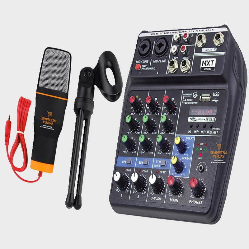 Kit Mesa de Som 4 Canais com Microfone de Mesa Condensador