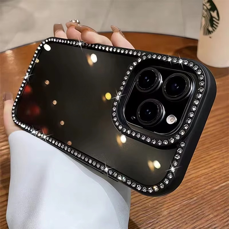 Luxo Glitter Diamante Quadro Caso Para iPhone 17 16 15 14 11 12 13 Pro Max Plus Bling Strass Claro Capa Traseira