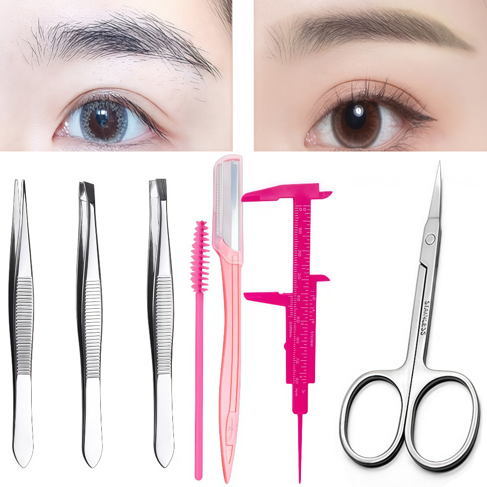 Kit Para Designer De Sobrancelhas/3 Pinça+Paquímetro+Escovinha+Navalha+Tesoura Designer de Sobrancelha