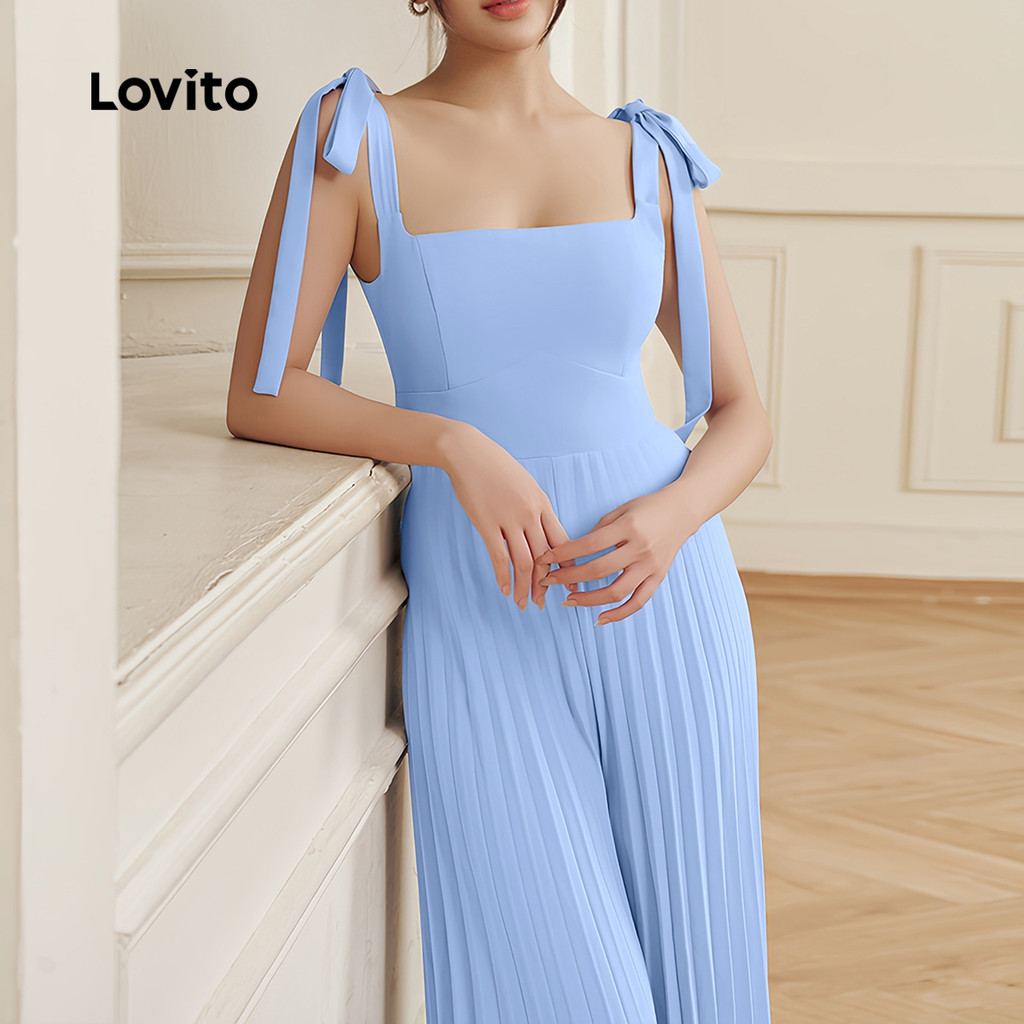 (Trendy) Lovito Macacão elegante com botões plissados e lisos para mulheres L131ED222 - Women Clothes