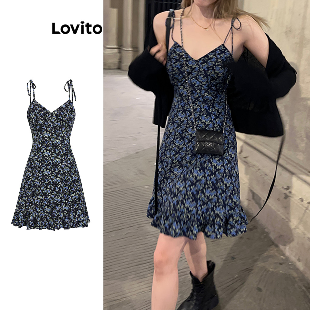 Lovito Vestido Feminino Floral Mini Skatista Sem Mangas de Amarrar na Frente com Decot V e Bainha de Babado L53AD049 - Women Clothes