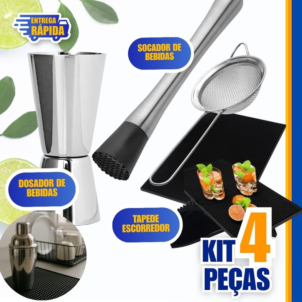 Kit 4 peças Peneira 12" Tapete Culinário, Socador, Dosador duplo 25 e 50 ml Inox Bartender Profi
