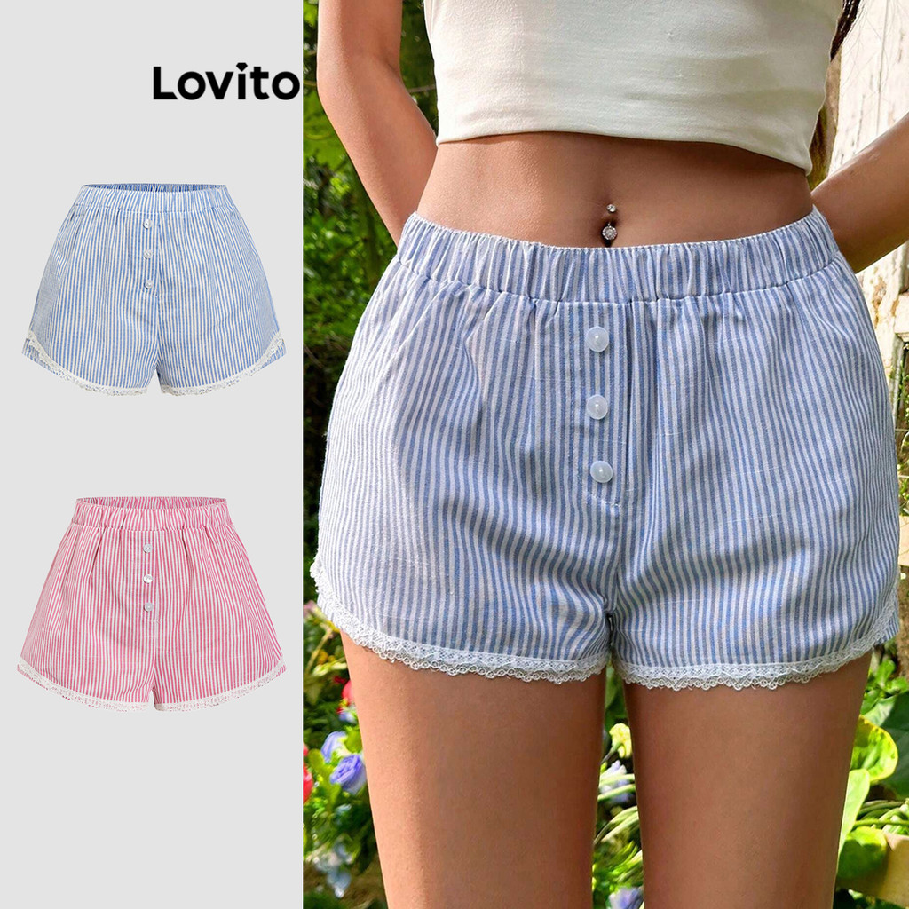 Lovito Shorts Fofos Listrados De Renda Para Mulheres L90AD038 (Multicolorido) - Women Clothes
