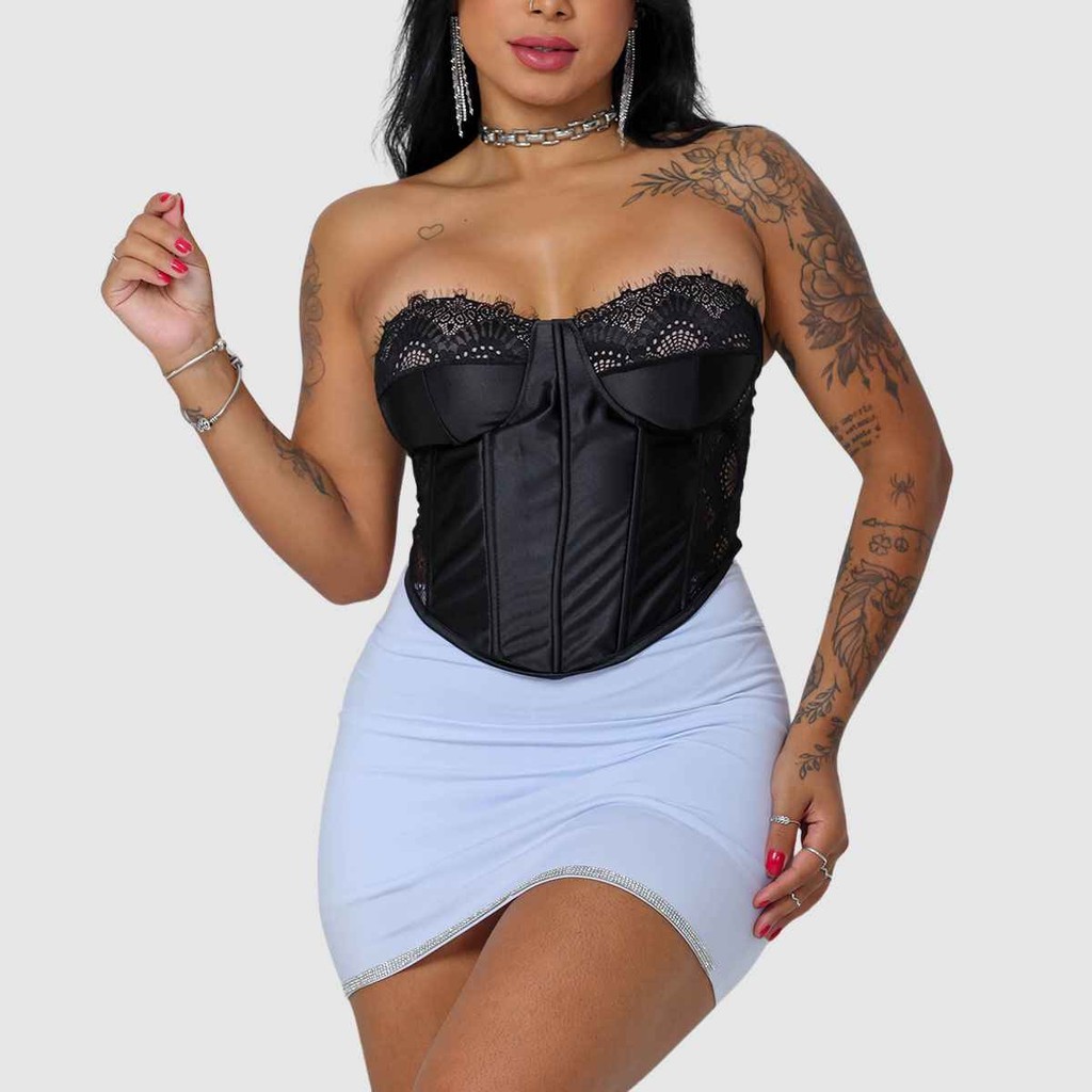 Cropped Corset Feminino Top Tomara Que Caia Renda Acetinado