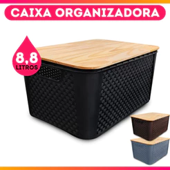 Caixa Cesto Organizador Trama Rattan 8,8 Litros Preta Marrom Cinza Com Tampa de Madeira Média