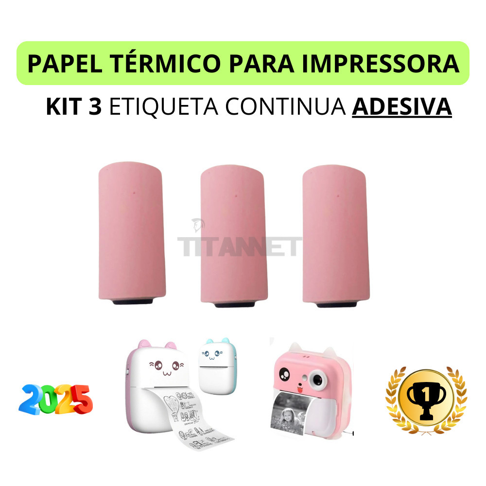 Kit 3 Rolos Etiqueta Adesiva Colorida Continua Para Mini Impressora Gatinho