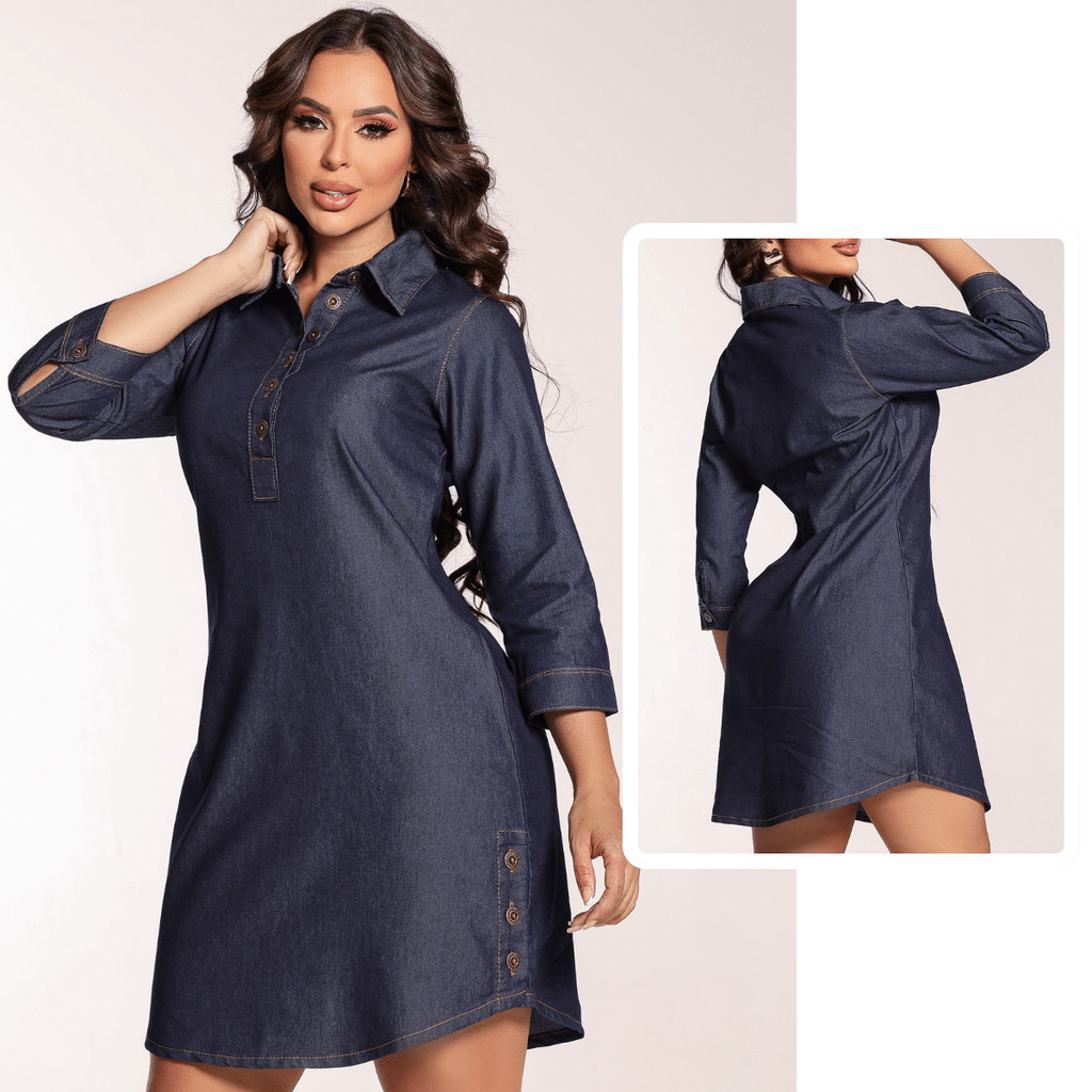Vestido Chemise Jeans Feminina Manga 3/4 Leve Camisetão S/ Lycra Casual Inverno