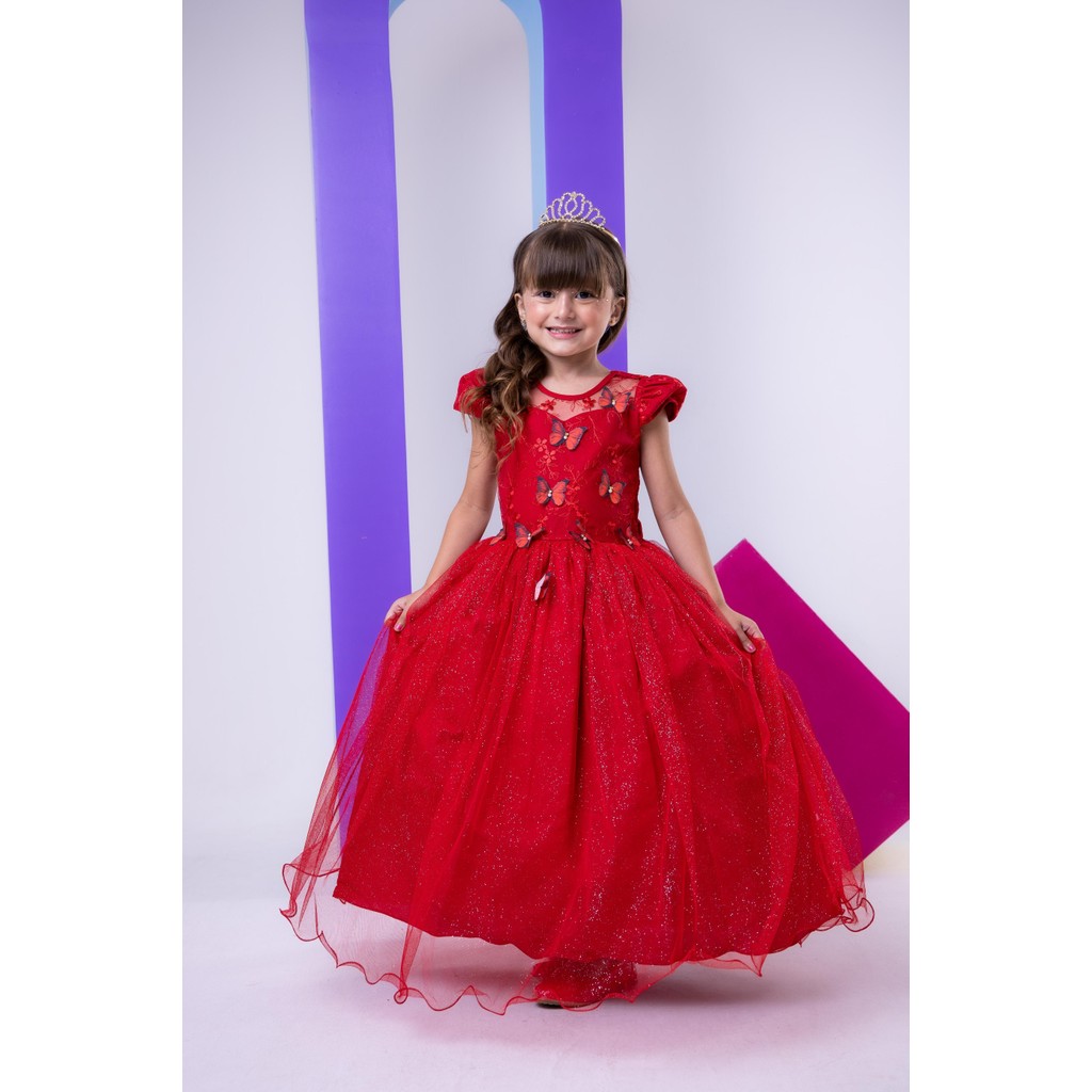 Vestido Vila Lele Longo Jardim Encantado Borboletas Vermelho