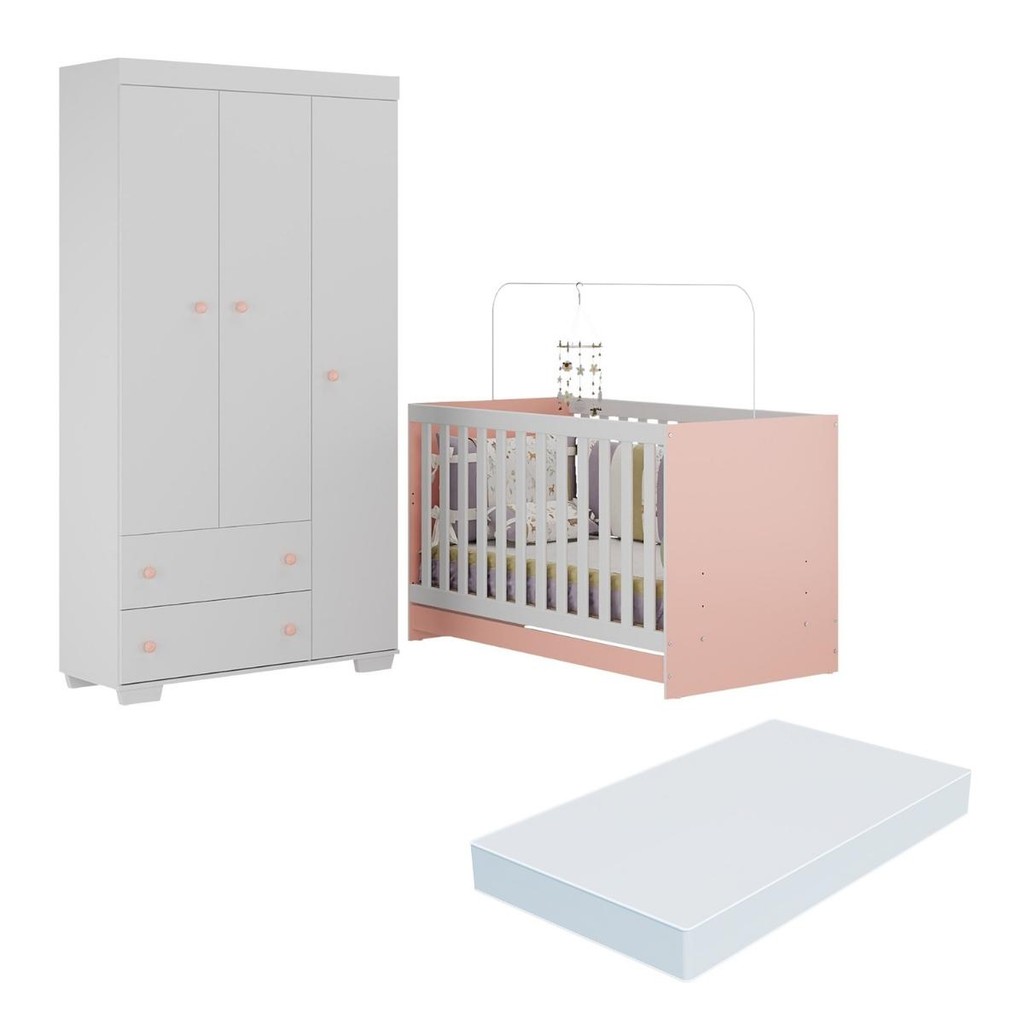 Quarto Infantil com Berço Colchão Incluso e Guarda-Roupas Algodão Doce Multimóveis MP4248
