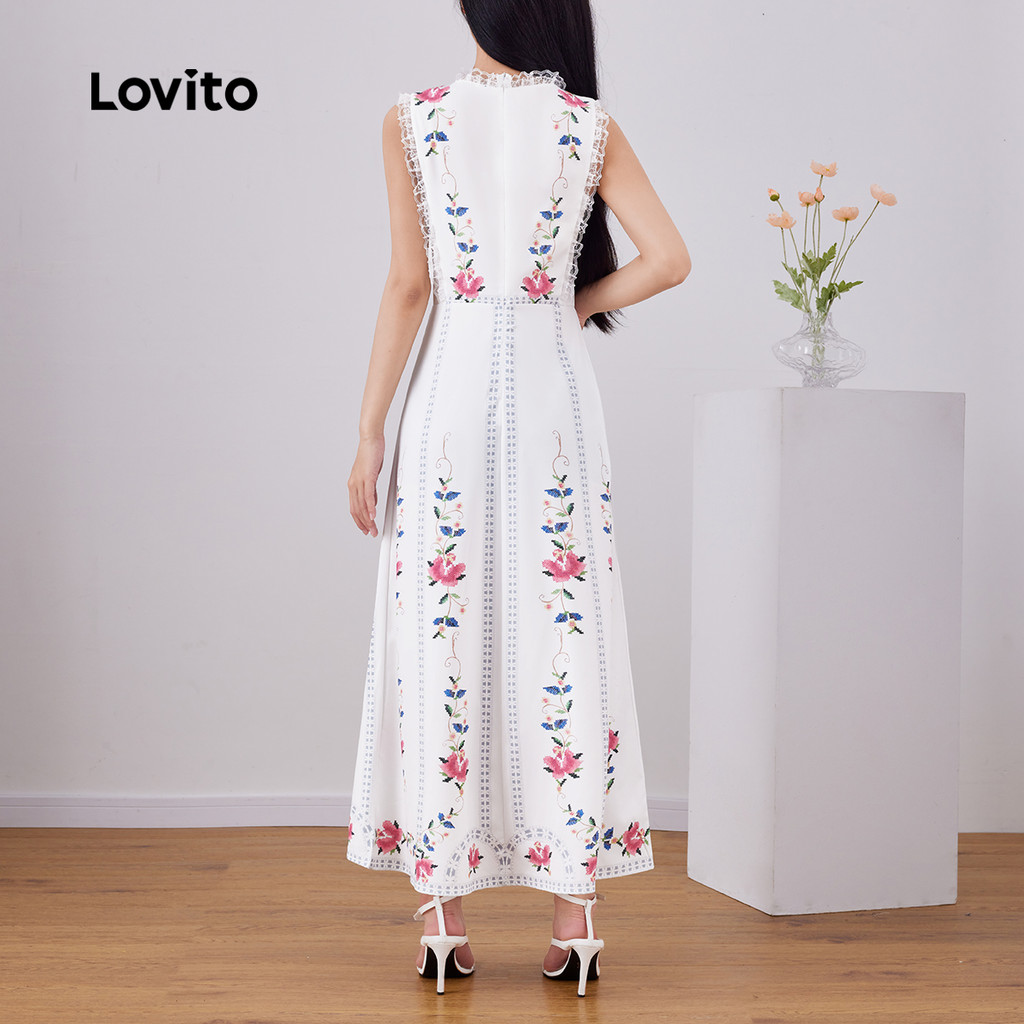 (Trendy) Lovito Vestido Boho Floral com babados e gola para mulheres LBL23068 - Women Clothes