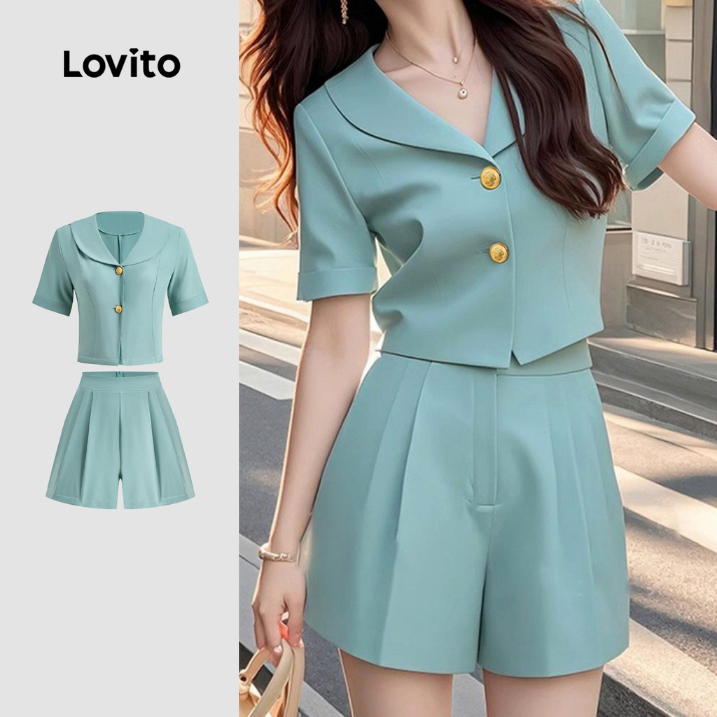 Lovito Tops ou calças plissadas elegantes com botões lisos para mulheres LBL23916 - Women Clothes