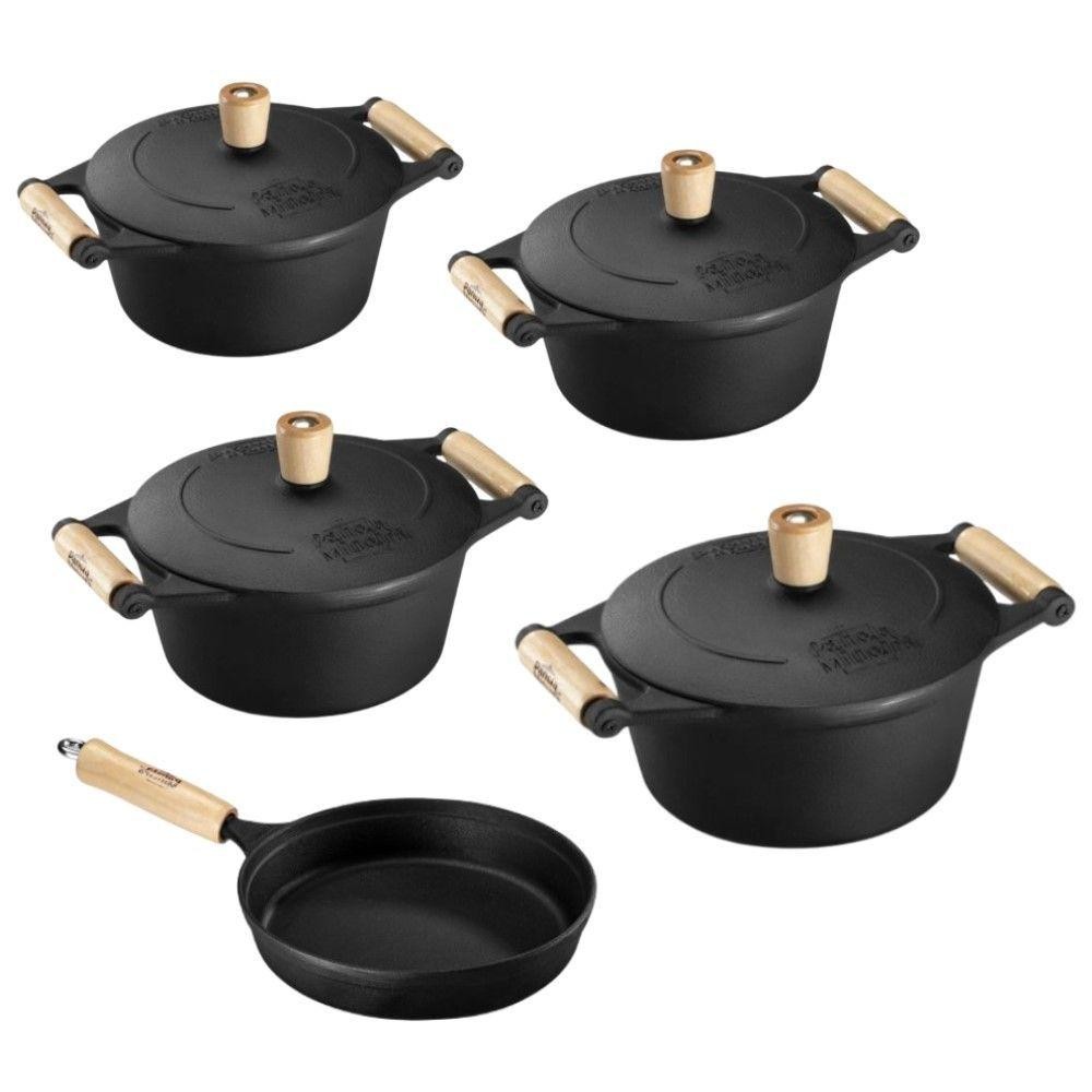Jogo De Panelas 5 Peças Em Ferro Fundido E Alça De Madeira Panela Mineira