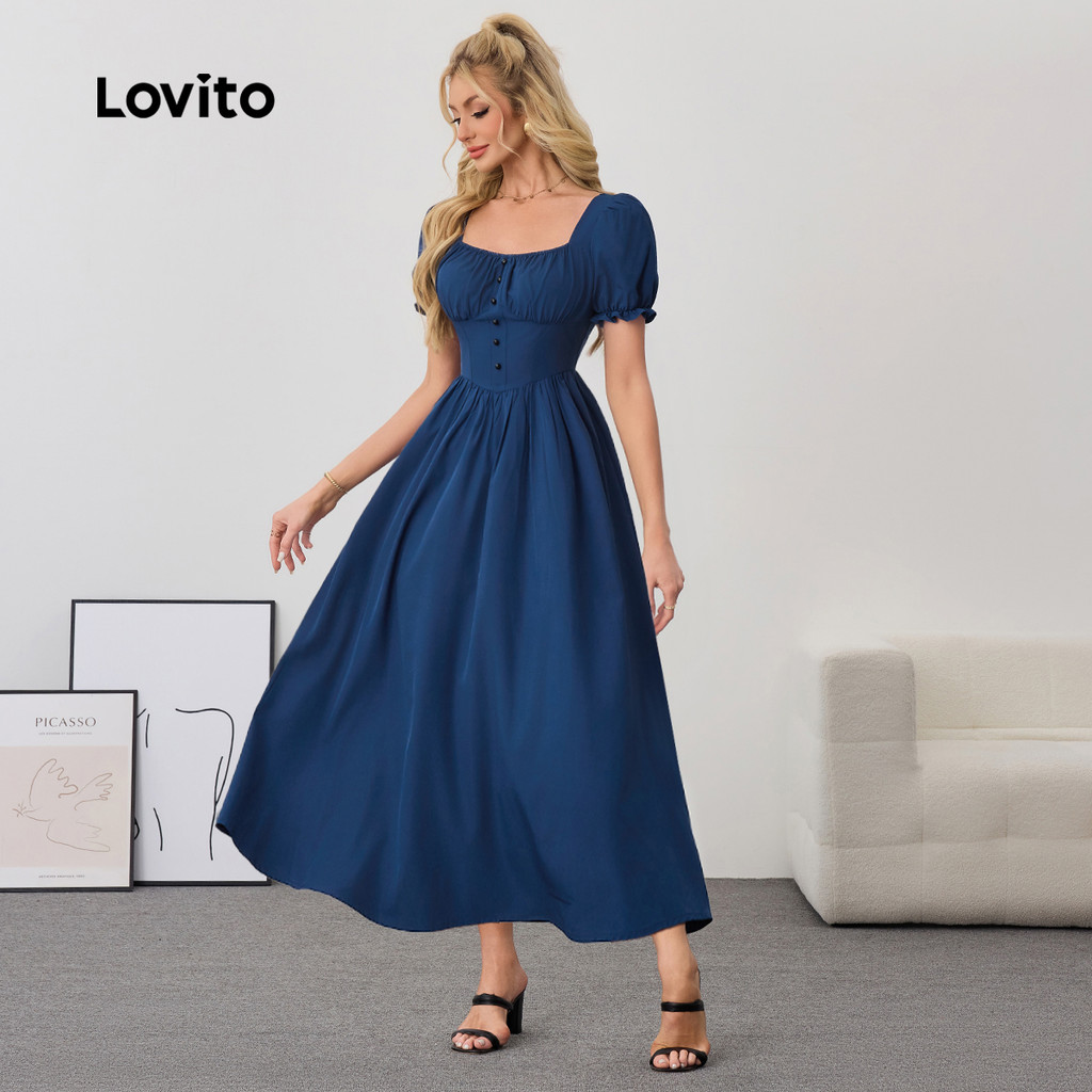 Detalhes do (Trendy) Lovito Vestido elegante com estrutura lisa e botão frontal para mulheres LBL24070