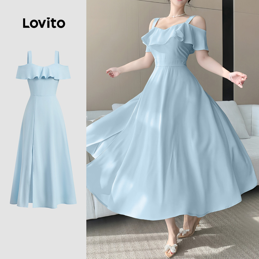 Lovito Vestido elegante com babados lisos e ombros frios para mulheres L132ED076 - Women Clothes