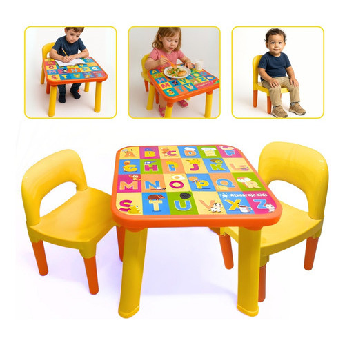 Mesa Infantil com 2 Cadeiras Mesinha Educativa Alfabeto Desmontável para Criança