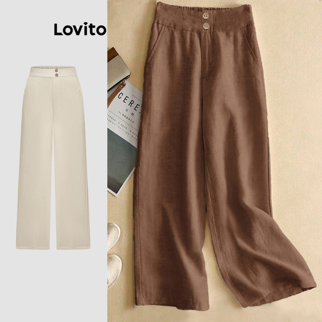 (Trendy) Lovito Calça De Botão Frontal Básica De Algodão E Linho Para Mulheres LNE21224 em Oferta na Shopee