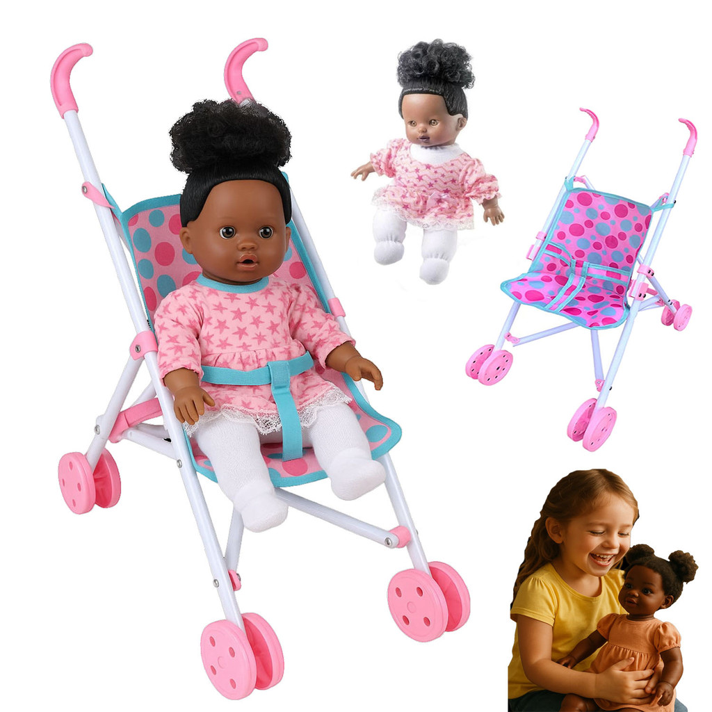 Kit Carrinho Boneca + Soft Negra Brinquedo Menina Super Fofa