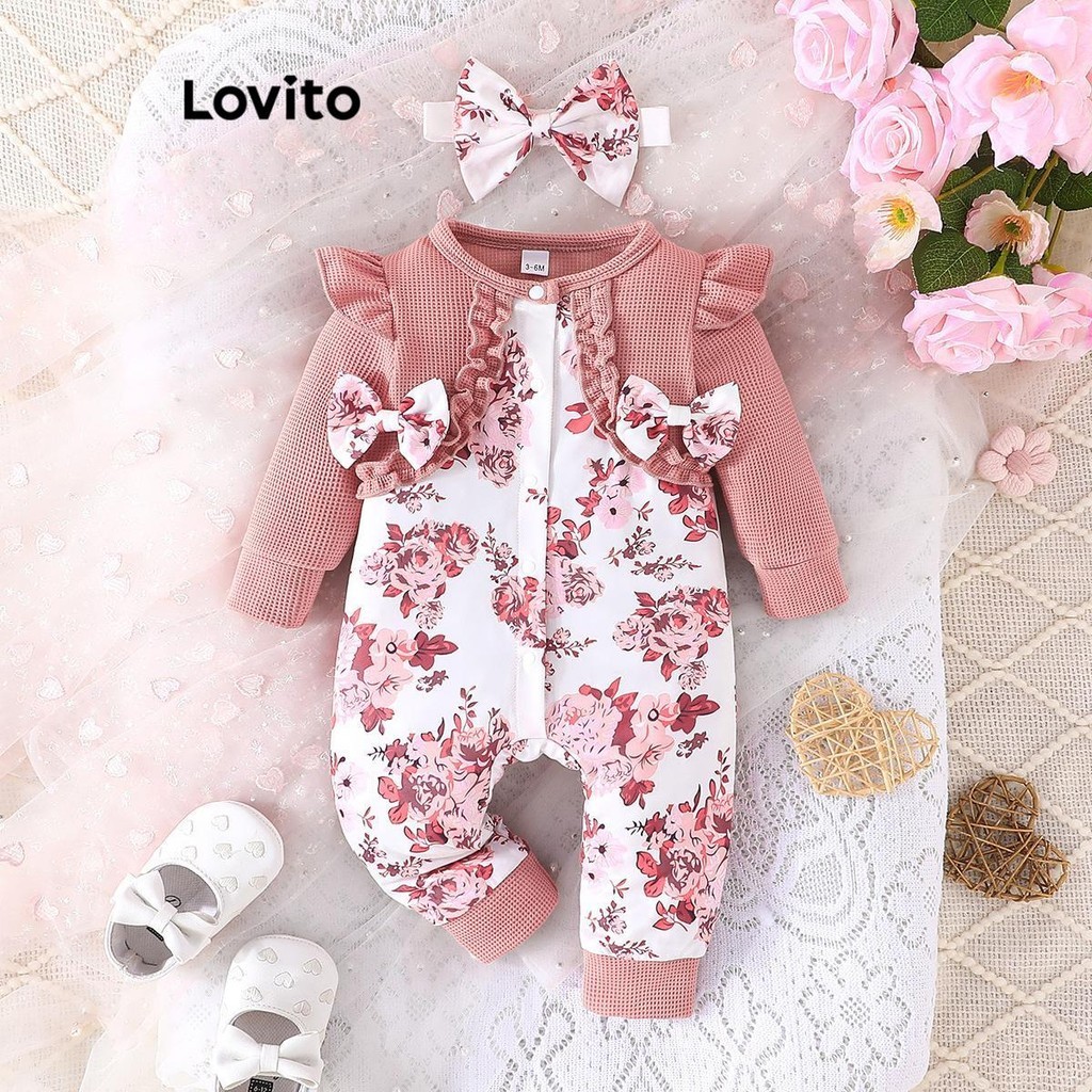 Lovito Macacão casual com costura de tecido floral e laço para bebê LNA94005