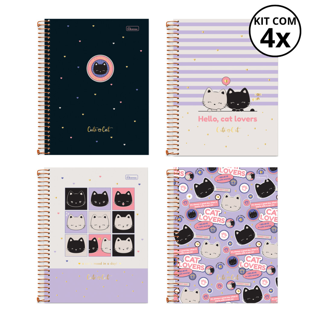 Kit Com 04 Cadernos 10 Matérias Colegial Cut & Cat 160 Folhas - CADERSIL em Oferta na Shopee
