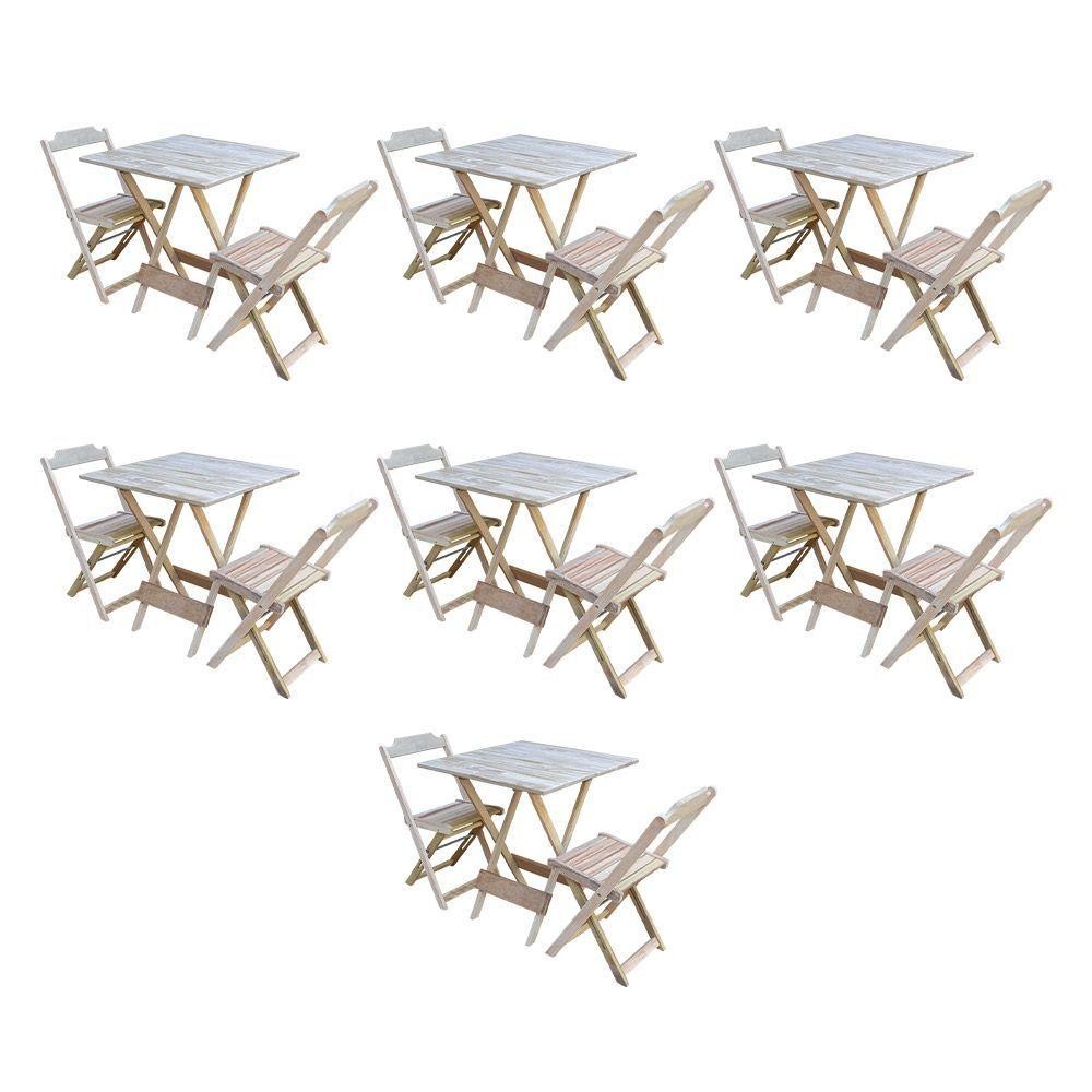Kit 7 Conjuntos De Mesa Dobravel Com 2 Cadeiras De Madeira 70X70 Para Restaurante E Bar - Sem Pintur