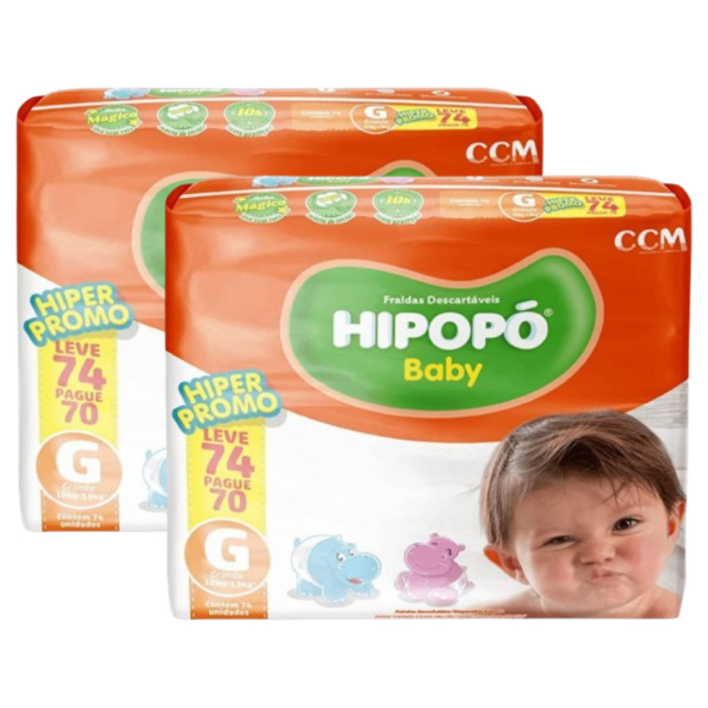 Kit 2 Fralda Descartável Infantil Hipopó Baby Hiper Tamanho G - Total de 148 Unidades em Oferta na Shopee