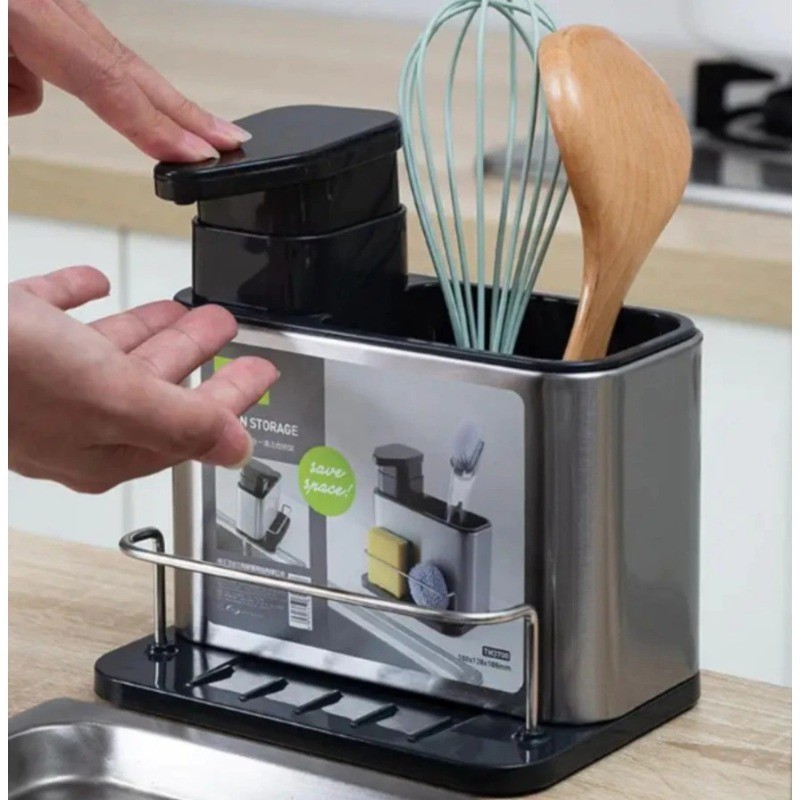Organizador Aço Inox De Pia Suporte Para Esponja Com Porta Detergente Dispenser Cozinha em Oferta na Shopee