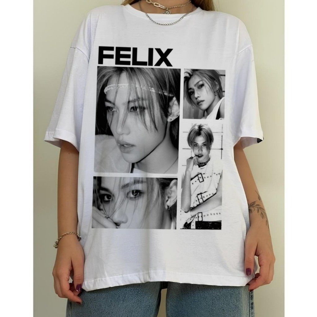 Blusa Idol Coreano  Estampa Felix Grupo Coreano K-pop T-shirt Algodão Camiseta Feminina Camisa Casual 100% Confortável