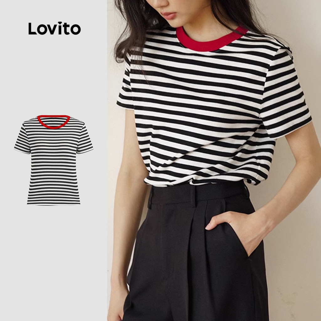 Lovito Camiseta elegante listrada Colorblock para mulheres L129ED564 em Oferta na Shopee