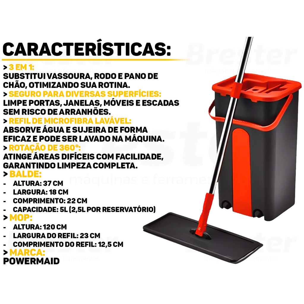 Mop Giratório Cabo Extensível Esfregão Lava Seca Balde Rodo Limpeza De Pisos Vidros Janelas Multiuso