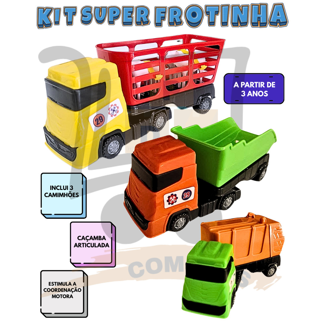 Kit 3 Caminhão Brinquedo Coletor De Lixo Caçamba E Boiadeiro Com Animais Articulado Infantil Super Frotinha Divplast