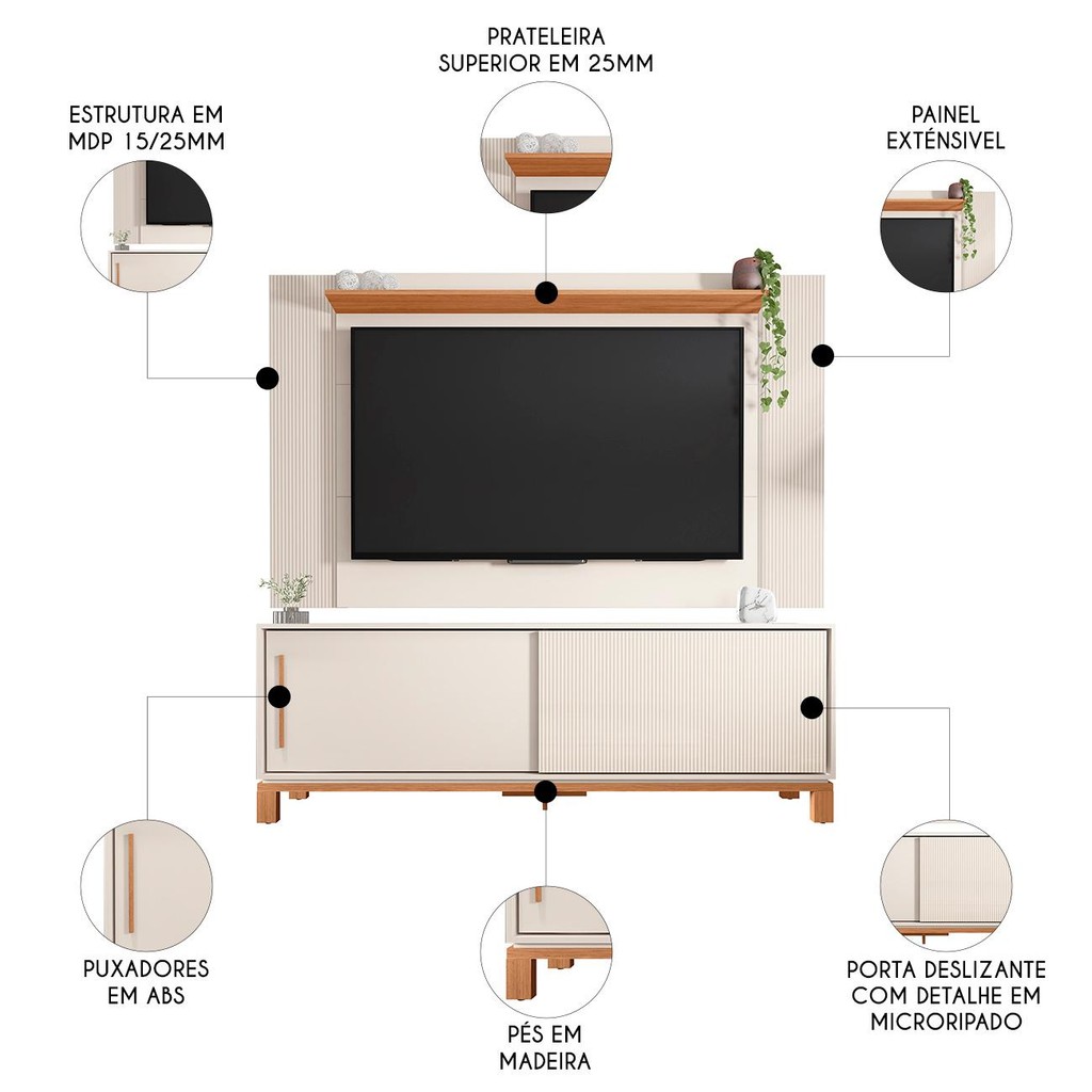 Painel Para TV 65 Pol e Rack Bancada 180cm Lucca Off/Freijó C01 - Mpozenato