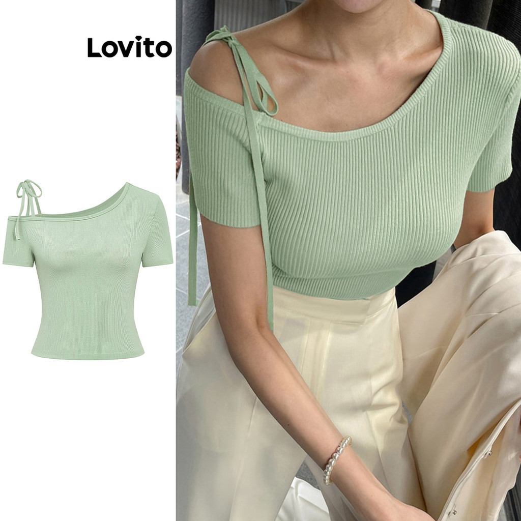 Lovito Camiseta de Arco Assimétrico Casual Simples para Mulheres L92AD980 - Women Clothes
