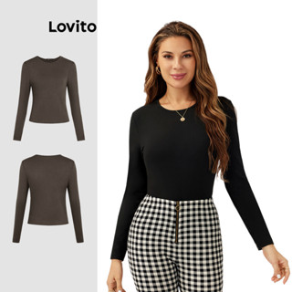 Lovito Camiseta Casual Lisa Com Gola Redonda E Manga Comprida Para Mulheres L21LT009 (Preto) em Oferta na Shopee