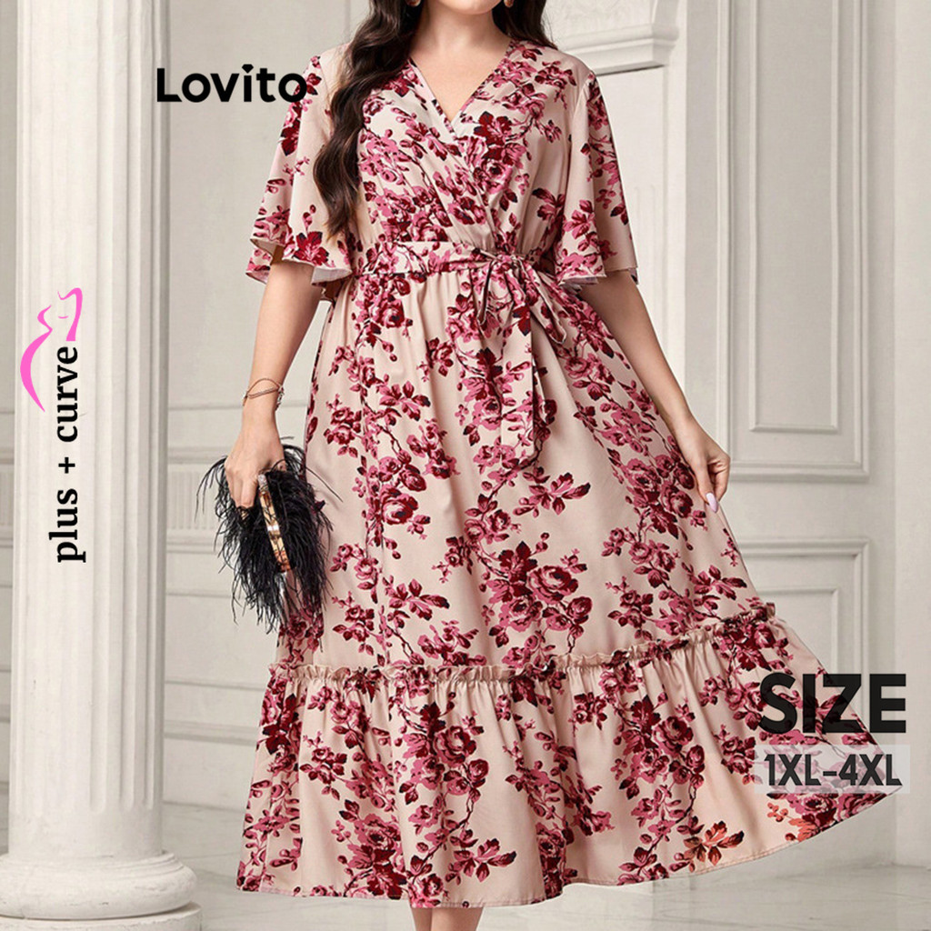 Lovito Vestido Curva Plus Size Elegante Vestido Com Estampa Floral Ditsy Para Mulheres LNL79093 - Women Clothes