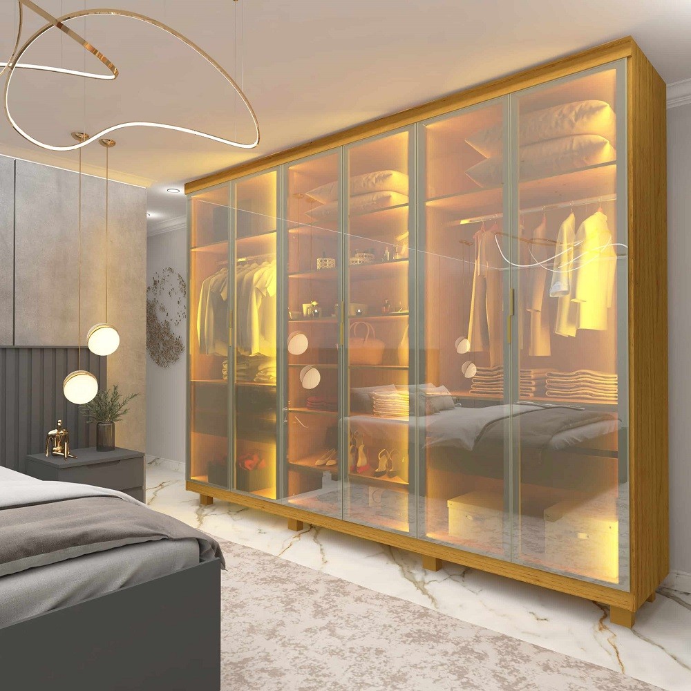 Guarda Roupa 6 Portas Casal Reflecta LED Imperatriz Naturale - Gelius