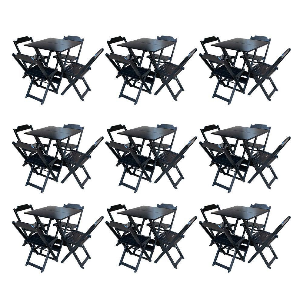 Kit 9 Conjuntos De Mesa Dobravel Com 4 Cadeiras De Madeira 70X70 Para Restaurante E Bar - Preto
