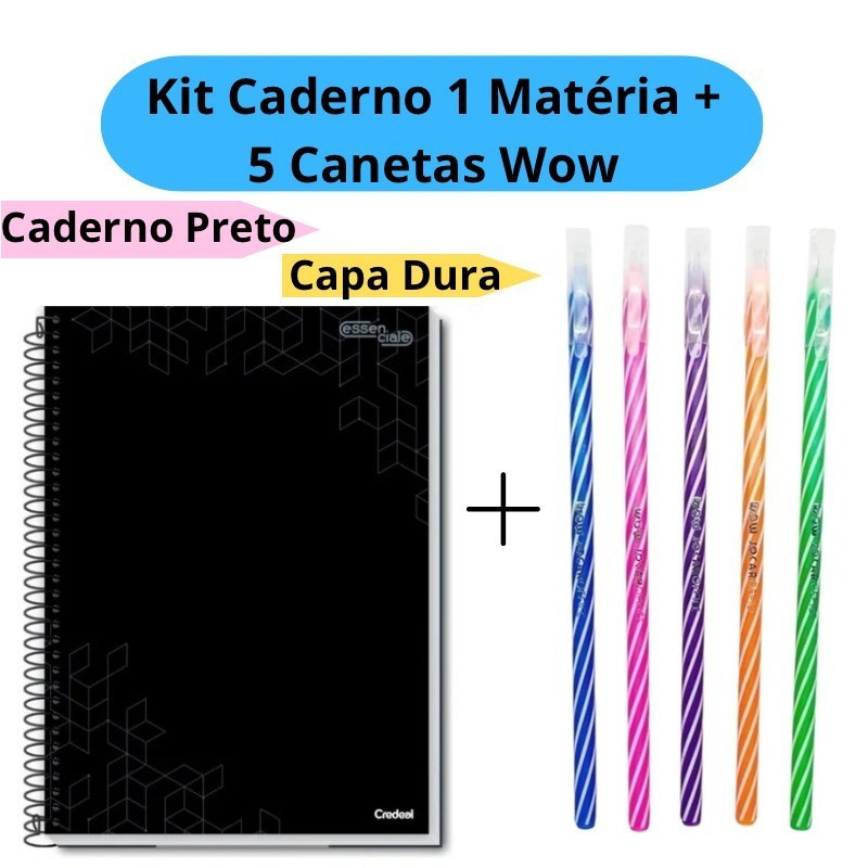 Kit Caderno Universitário 1 Matéria + 5 Canetas Wow Coloridas 0.7mm Caderno Capa Dura Preto Escolar