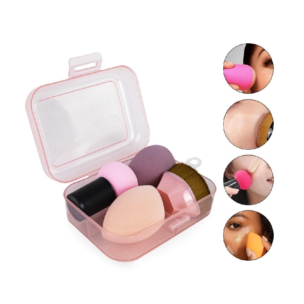 Kit 1 Pincel Mágico + 3 Esponjas Maquiagem Pó Base Corretivo Rosto Make Contorno Facial Presente
