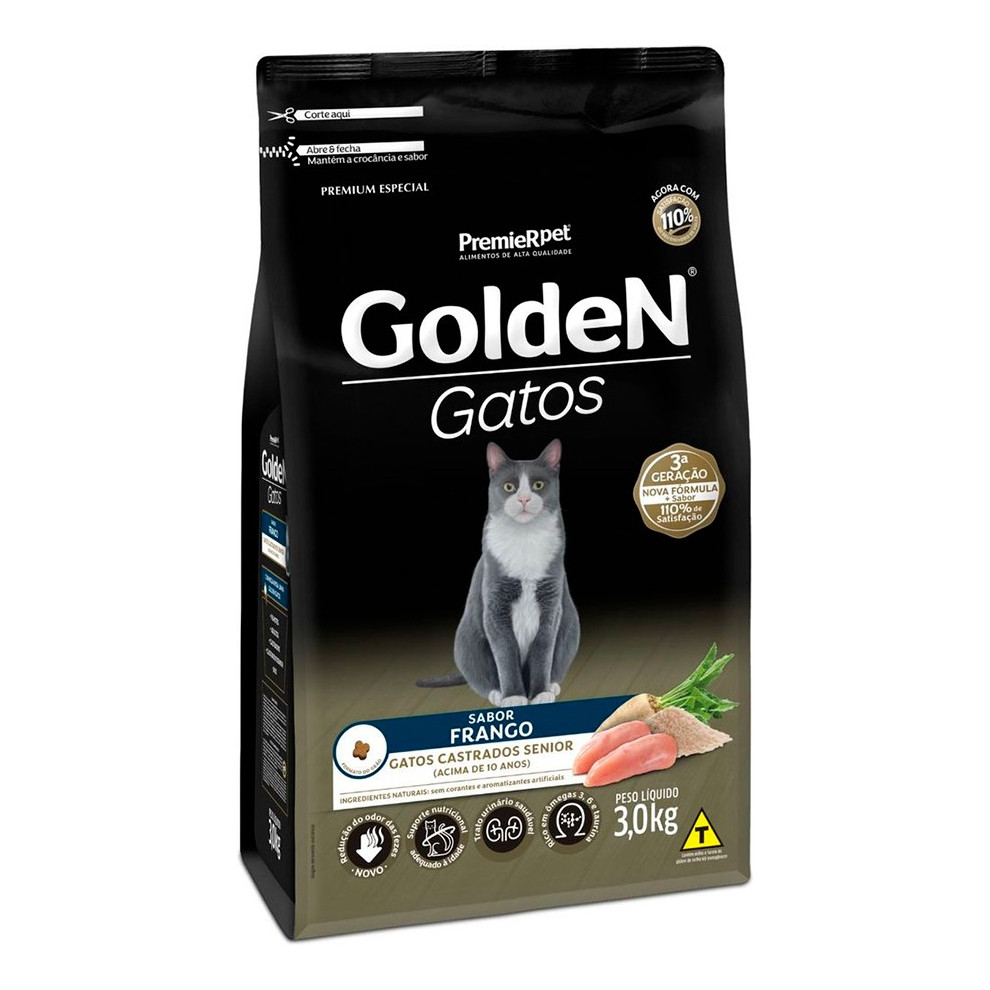 Ração Golden Gatos Ad Castrados Sênior Frango 3kg