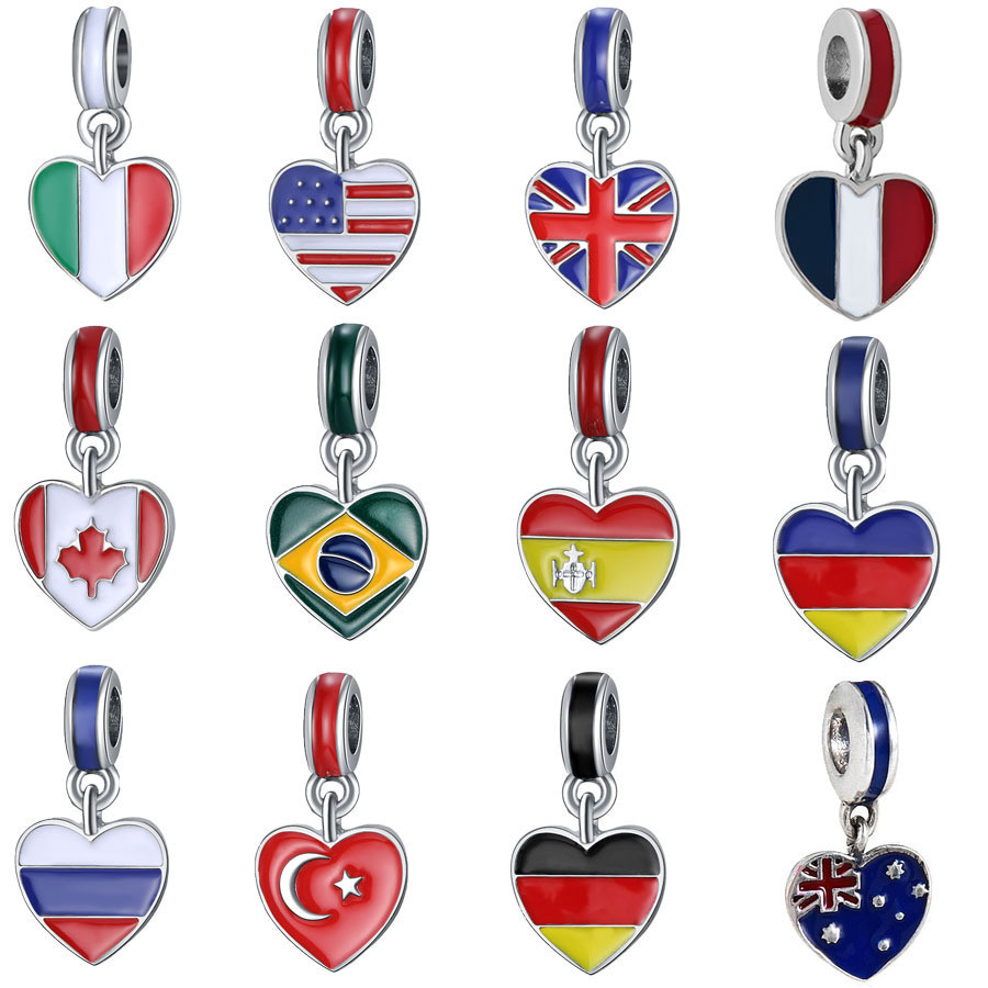 Pulseira com encanto da bandeira nacional Colar de prata 925 Homemade DIY Heart World Cup Charm Charms em Oferta na Shopee
