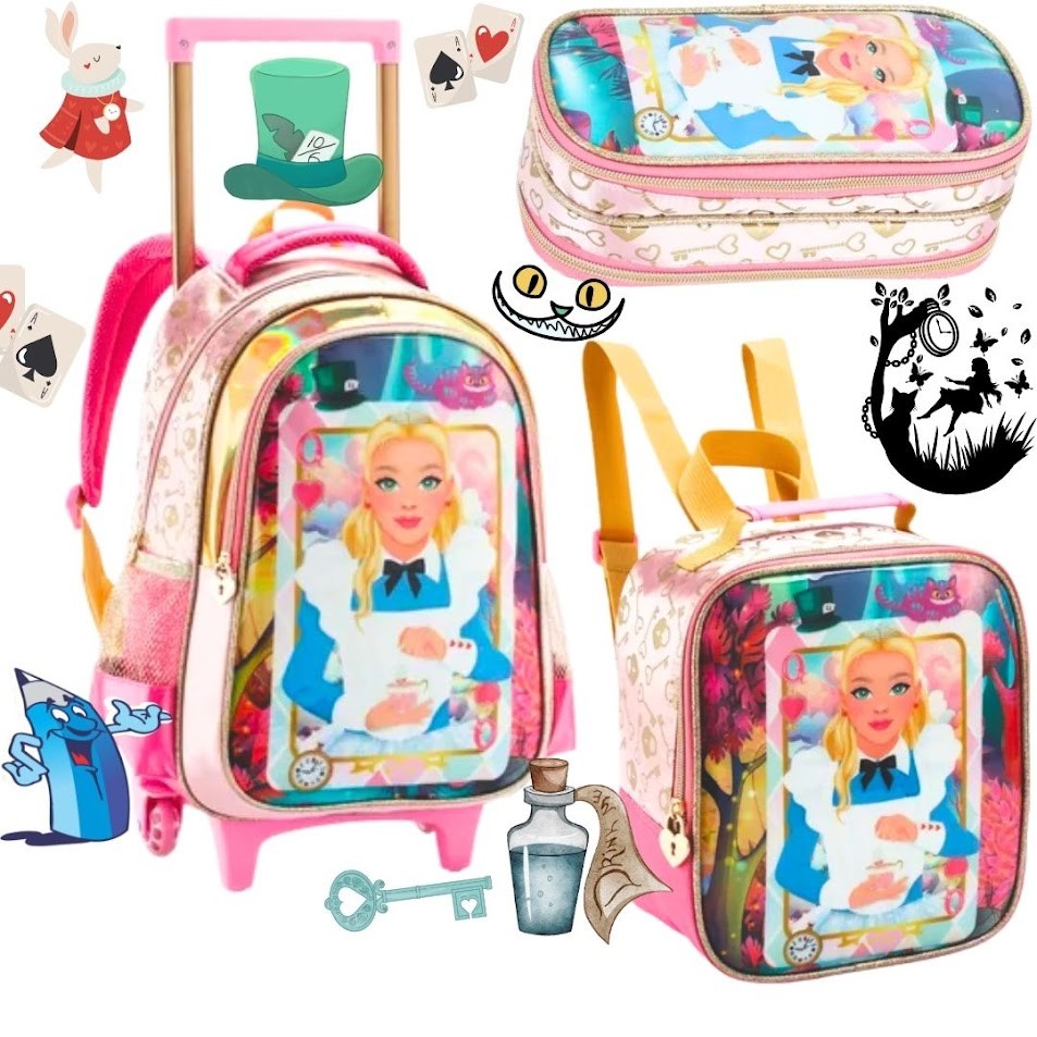 KIT MOCHILA COM RODINHA ALICE PAIS DAS MARAVILHAS COM LANCHEIRA E ESTOJO GRANDE DENLEX ROSA LEVE