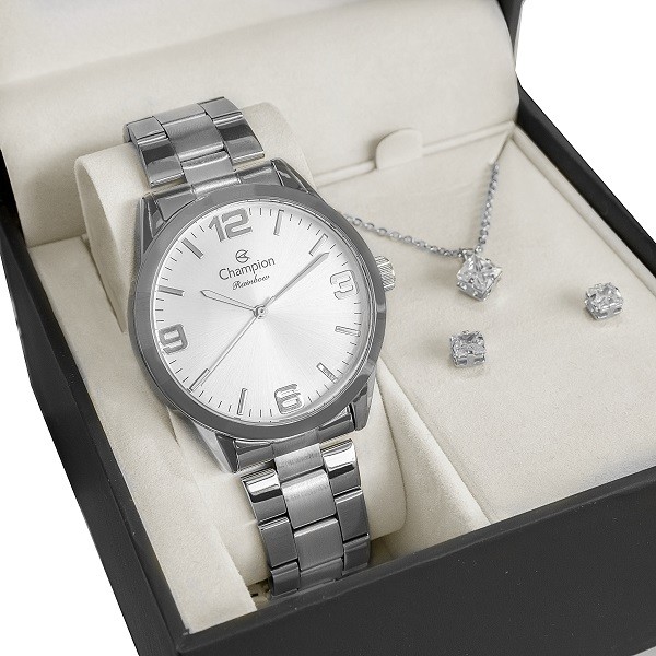 Relógio Feminino Champion Analógico Prata + Colar e Brincos Mulher Esposa Namorada  Barato CN29893C em Oferta na Shopee